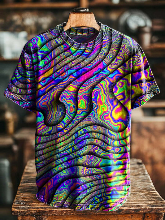 Iridescent Ripple-Pleated Print Casual Short-Sleeve T-Shirt