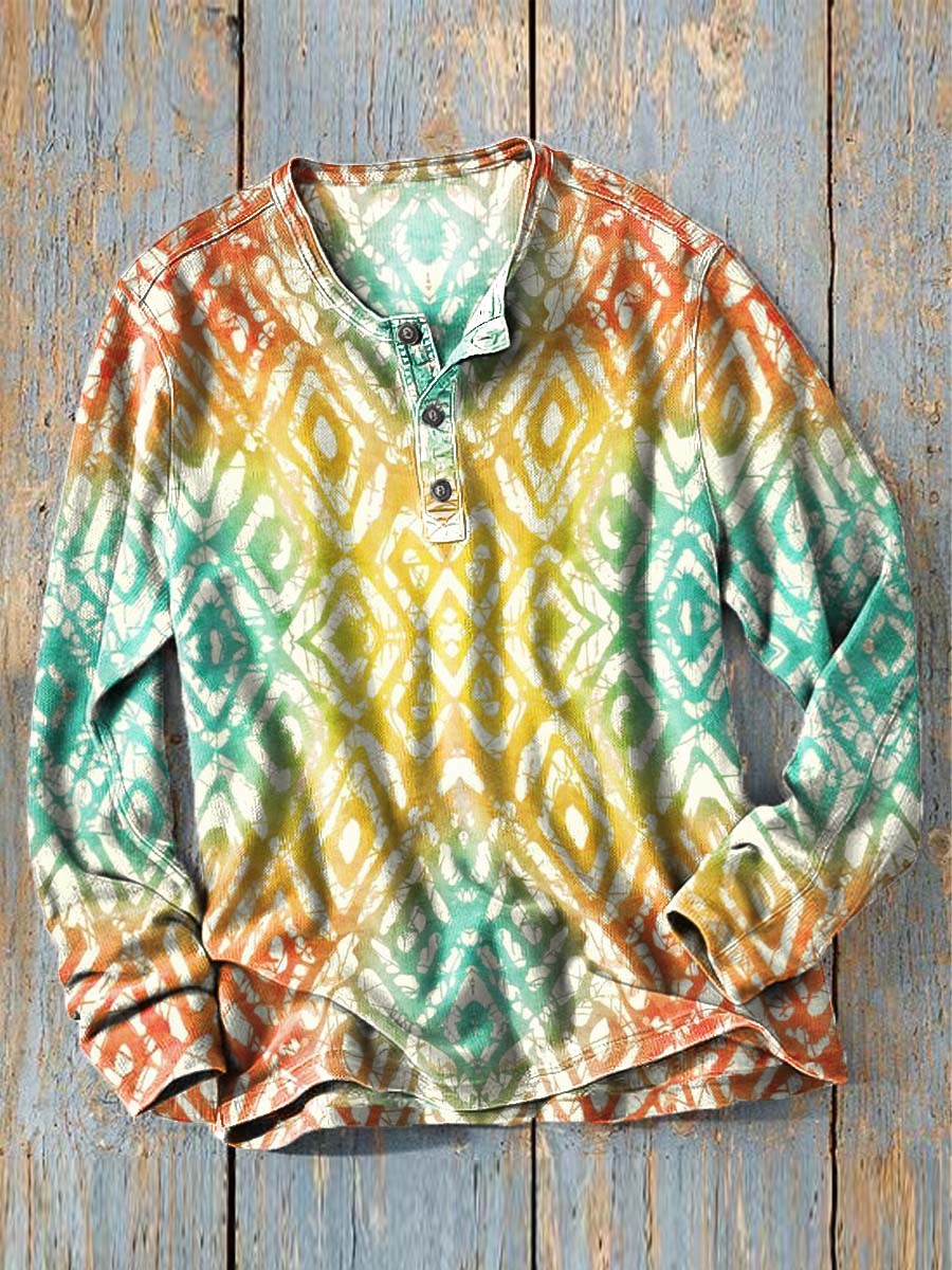 Gradient Geometric Print Casual Long-Sleeve Henley Shirt