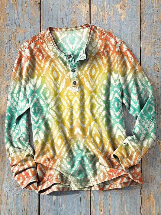 Gradient Geometric Print Casual Long-Sleeve Henley Shirt