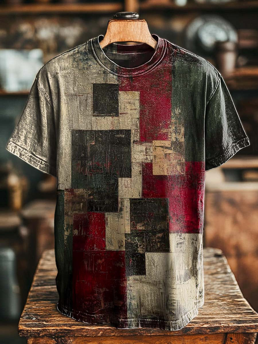 Red and Black Geometric Patchwork Print Casual Short-Sleeve T-Shirt