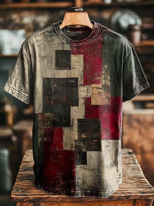 Red and Black Geometric Patchwork Print Casual Short-Sleeve T-Shirt