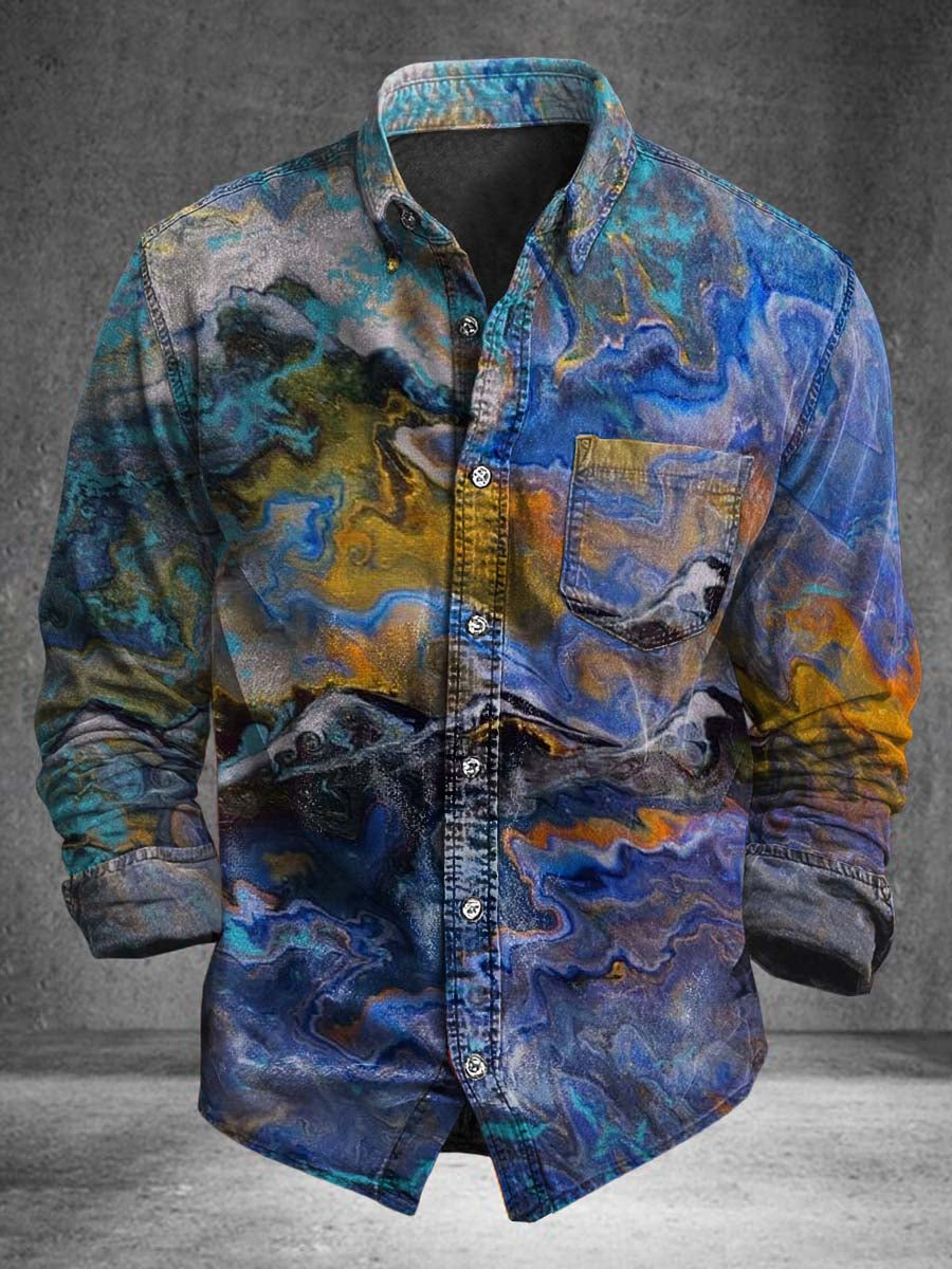 Abstract Blue and Gold Fluid Oil Painting Print Casual Long-Sleeve Shirt