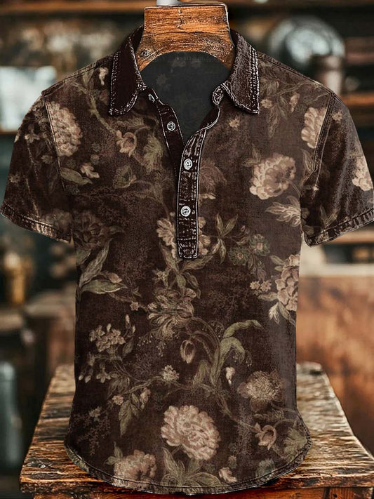 Vintage Floral Print Casual Short-Sleeve Polo Shirt