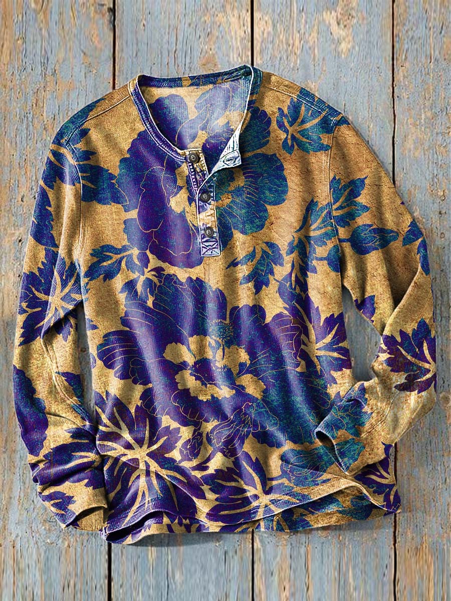 Purple Flower Floral Print Casual Long-Sleeve Henley Shirt
