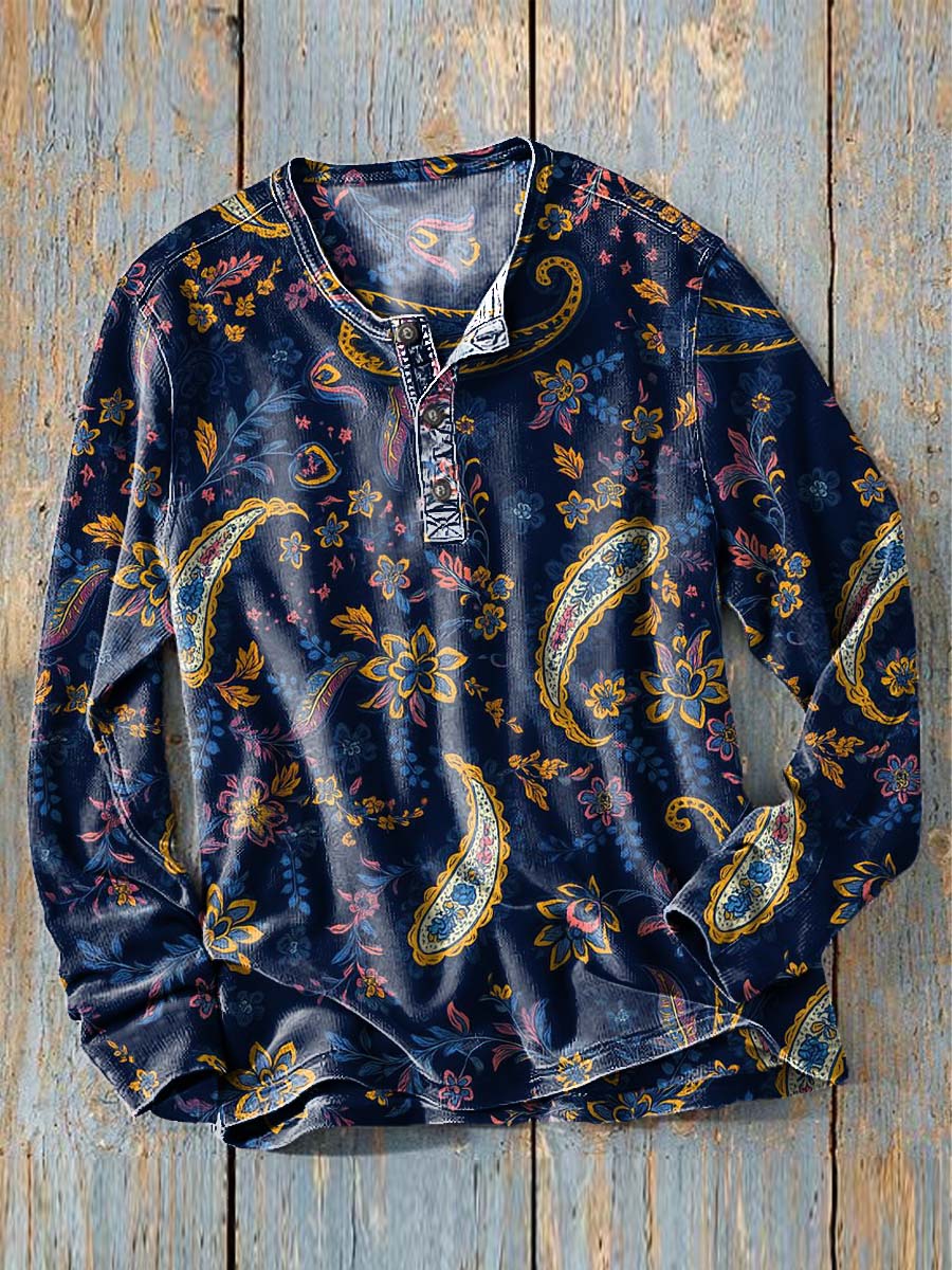 Navy Blue Cashew Flower Print Casual Long-Sleeve Henley Shirt