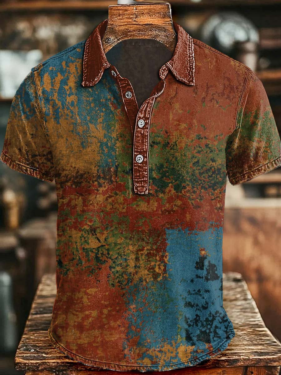 Distressed Contrast-Color Rust-Printed Casual Short-Sleeve Polo Shirt