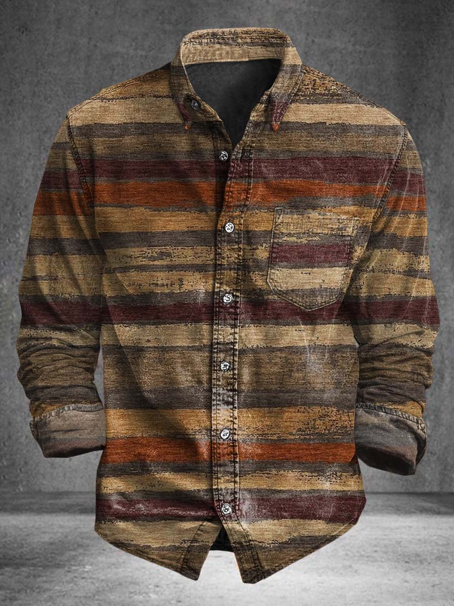 Vintage-inspired distressed striped print casual long-sleeve shirt