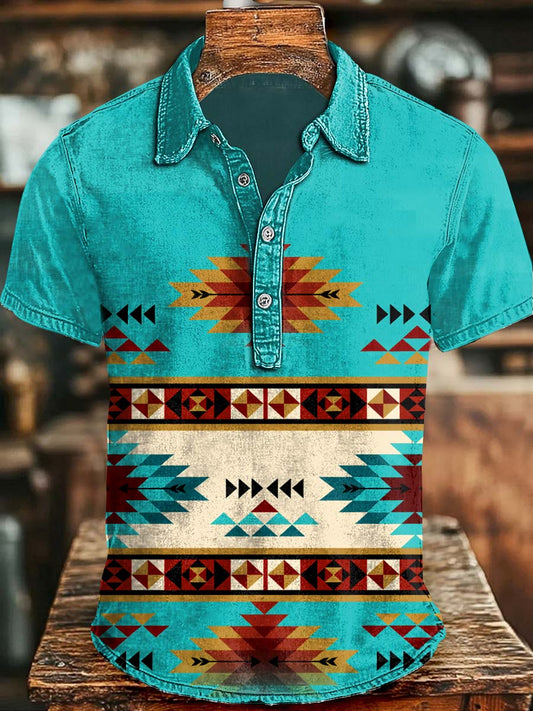 Ethnic-inspired Patchwork Print Casual Short-Sleeve Polo Shirt