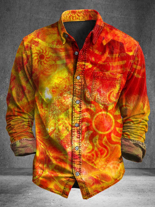 Abstract Sun Texture Print Casual Long-Sleeve Shirt