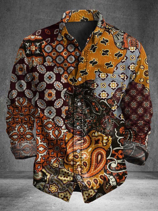 Retro Cashew Flower Patchwork Print Casual Long-Sleeve Shirt