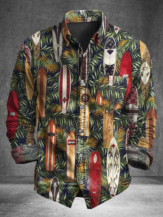 Surfboard and Palm Leaf Print Casual Long-Sleeve Shirt
