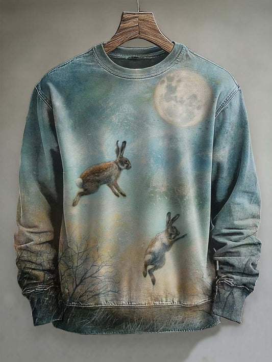Moonlit Night Wild Rabbit Print Casual Crewneck Sweatshirt