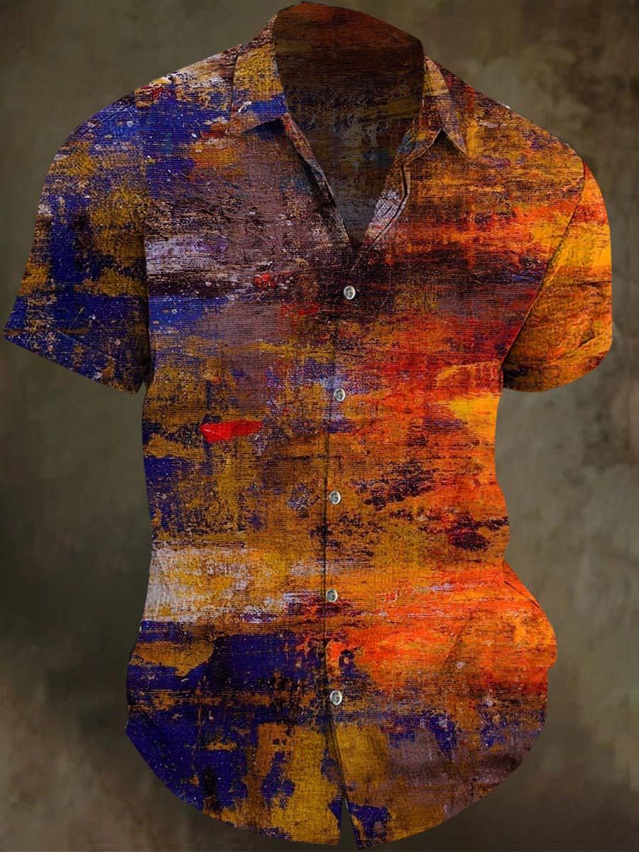 Sunset Oil Painting Print Casual Short-Sleeve Shirt
