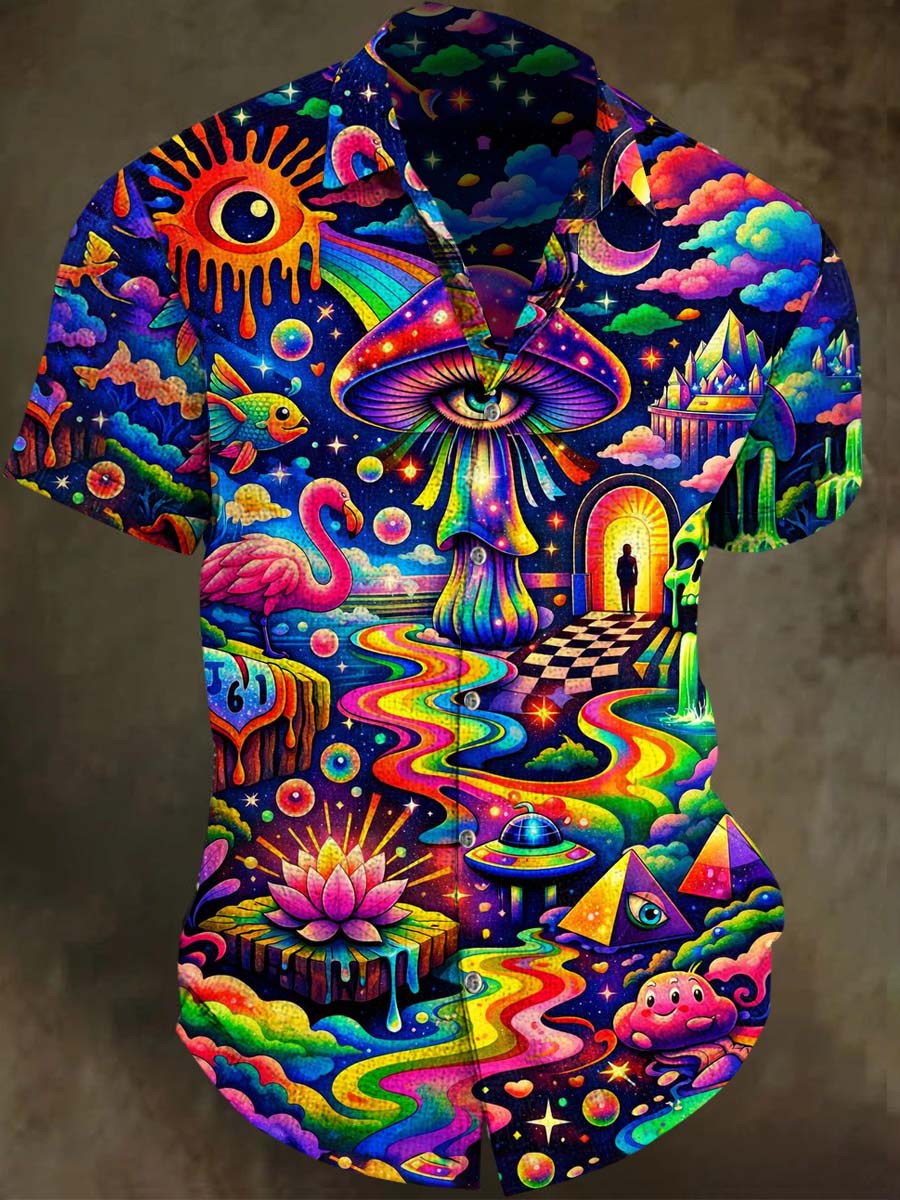 Rainbow Psychedelic Mushroom Print Casual Short-Sleeve Shirt