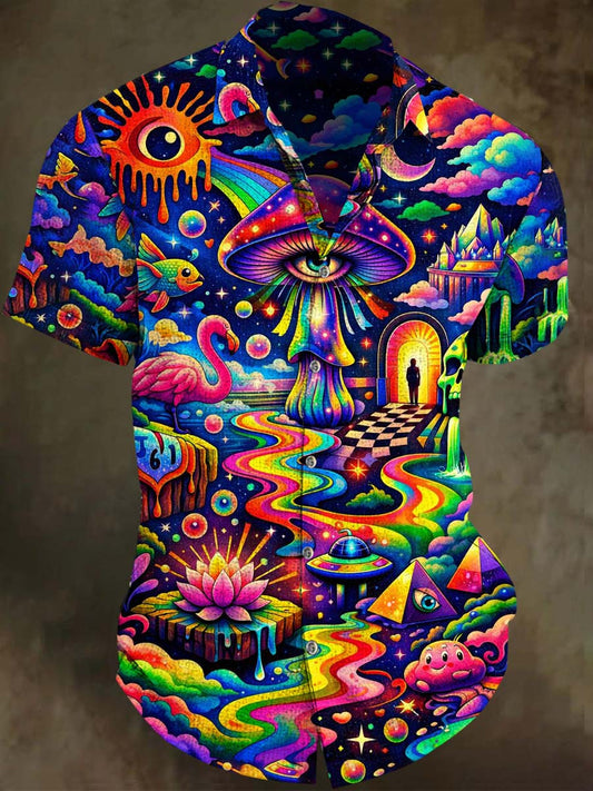 Rainbow Psychedelic Mushroom Print Casual Short-Sleeve Shirt