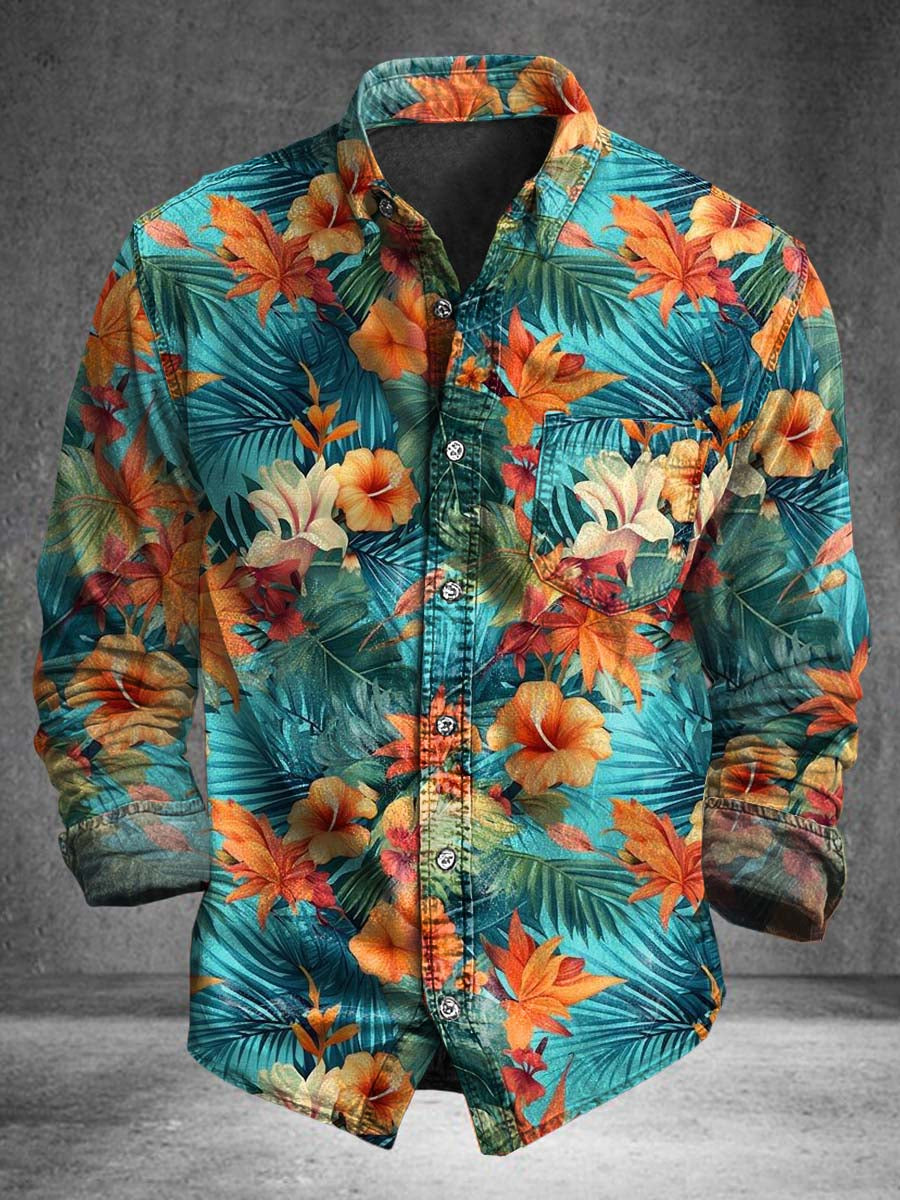 Autumn Leaves Tropical Floral Print Casual Long-Sleeve Shirt
