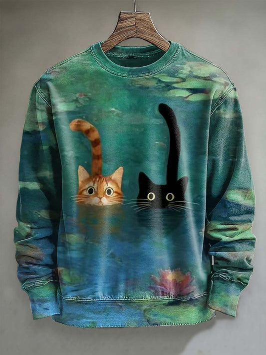 Monet Water Lilies Cat Print Casual Crewneck Sweatshirt