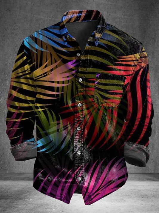 Neon Palm Leaf Print Casual Long-Sleeve Shirt
