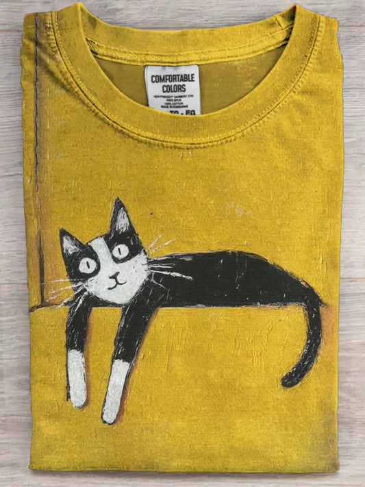 Lazy Cat Print Casual Short-Sleeve T-Shirt