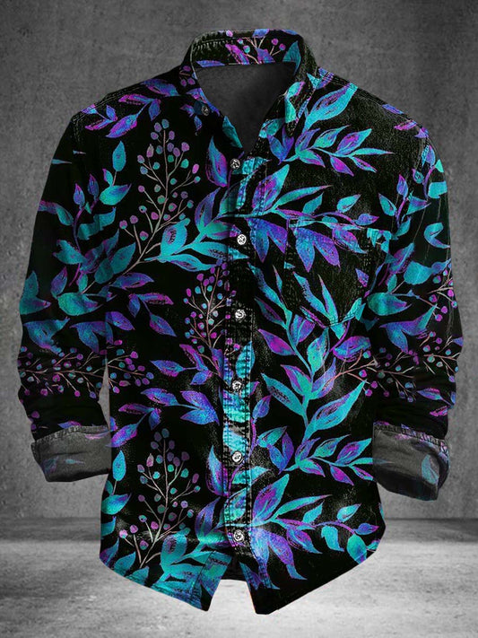 Night Neon Leaf Print Casual Long-Sleeve Shirt