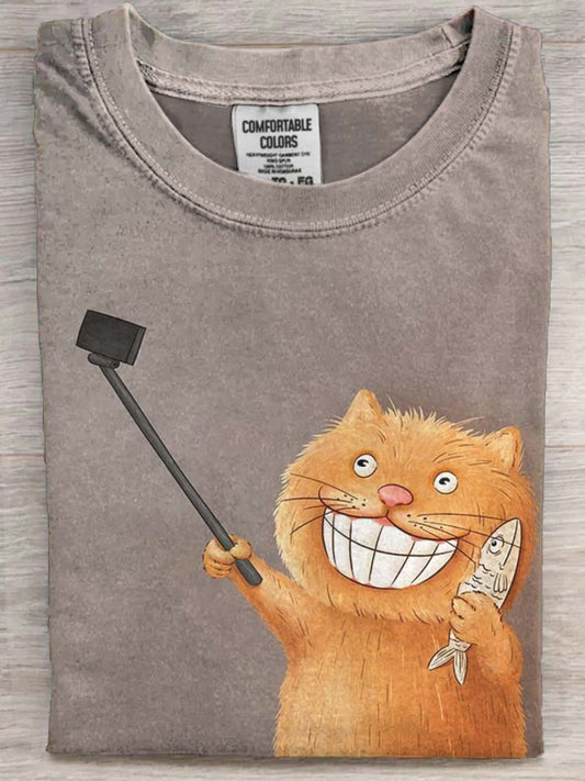 Selfie Cat Print Casual Short-Sleeve T-Shirt