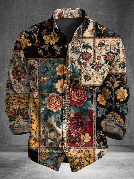 Retro Floral Print Casual Long-Sleeve Shirt