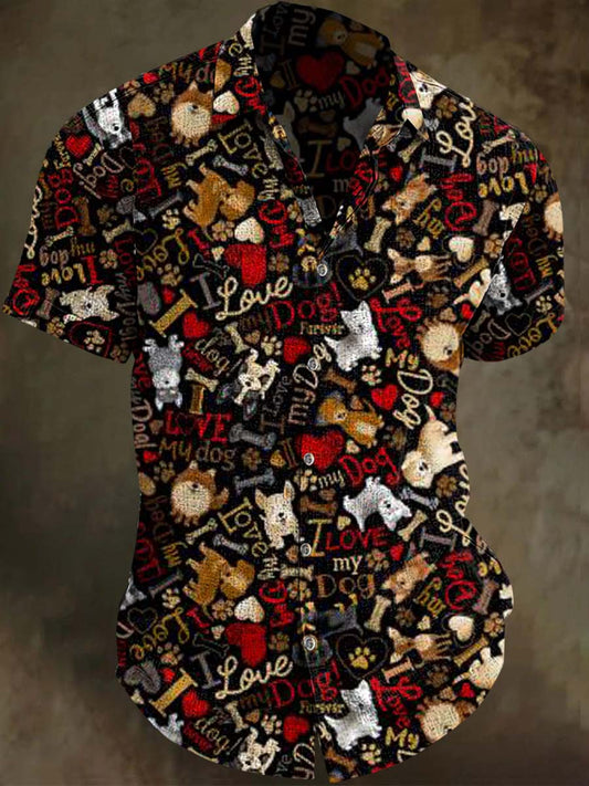 Cute Pet Doodle Print Casual Short-Sleeve Shirt