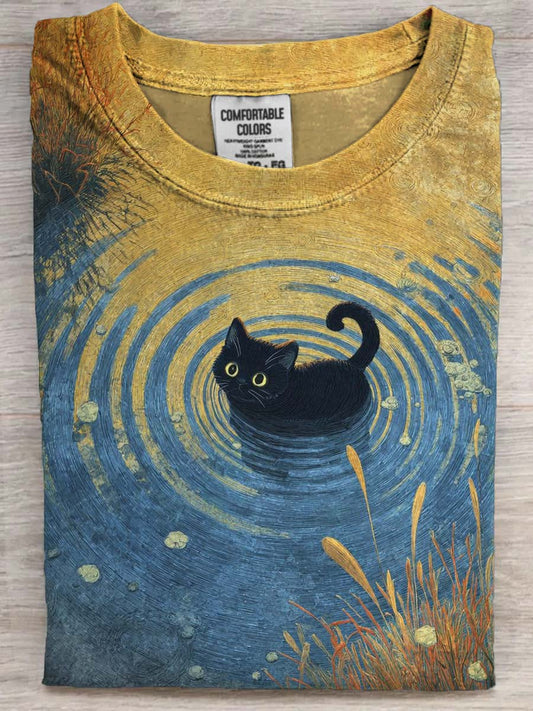 Van Gogh-inspired Black Cat Print Casual Short-Sleeve T-Shirt