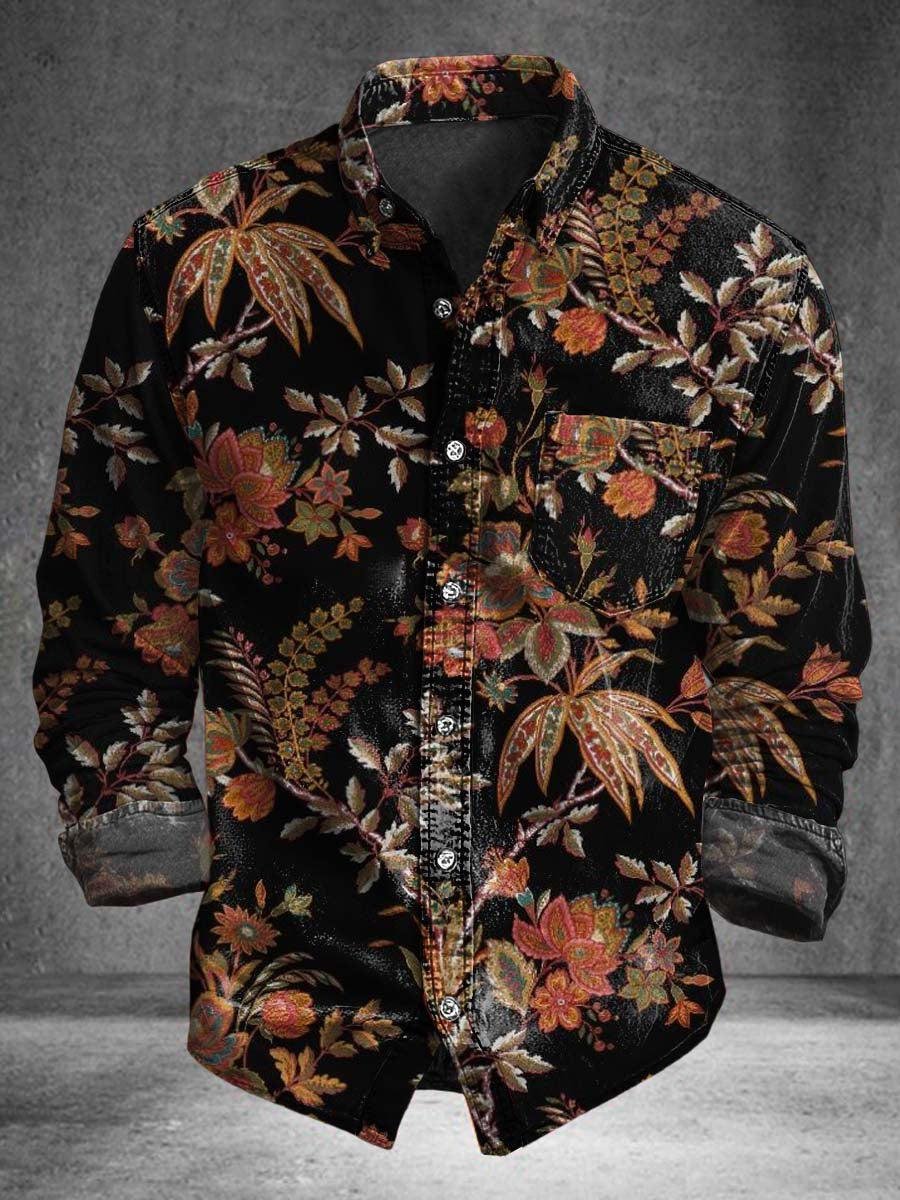 Dark Night Floral Print Casual Long-Sleeve Shirt