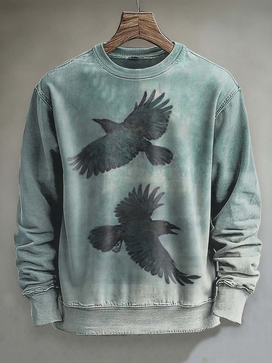 Double Crow Flight Print Casual Crewneck Sweatshirt