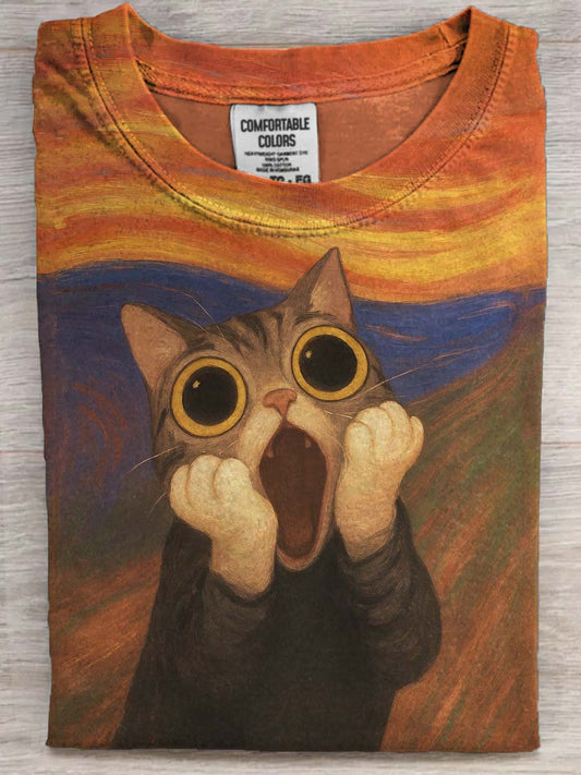 Screaming Cat Print Casual Short-Sleeve T-Shirt