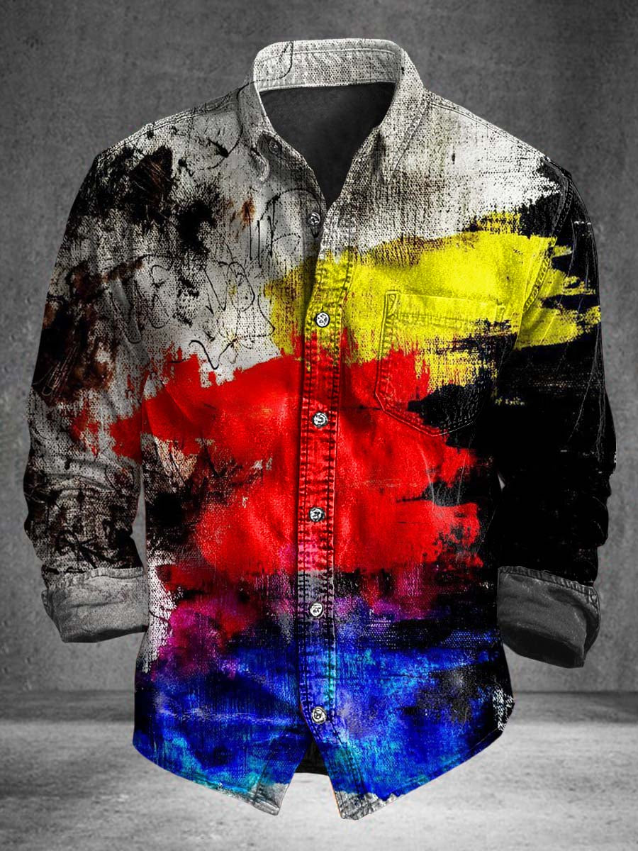 Rainbow Splash Print Casual Long-Sleeve Shirt