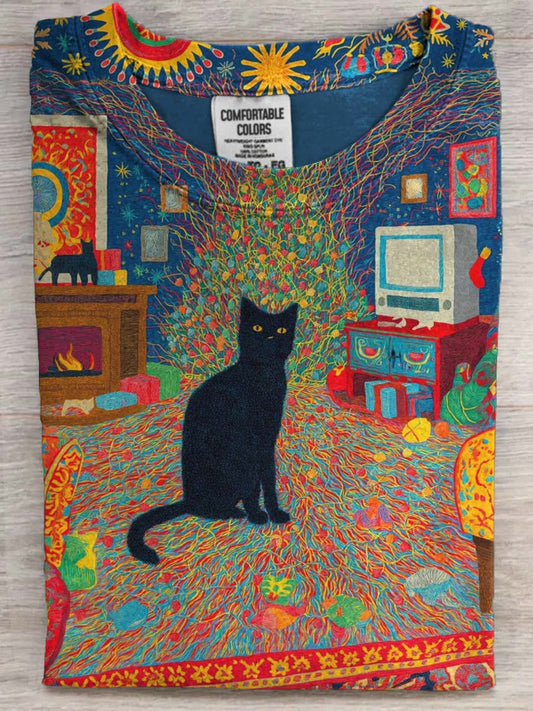 Psychedelic Room Black Cat Print Casual Short-Sleeve T-Shirt