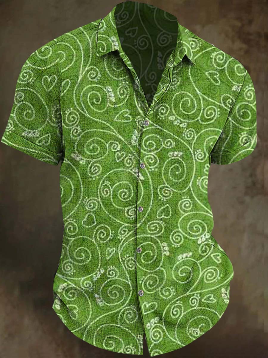 Fresh Scroll Pattern Printed Casual Short-Sleeve Shirt