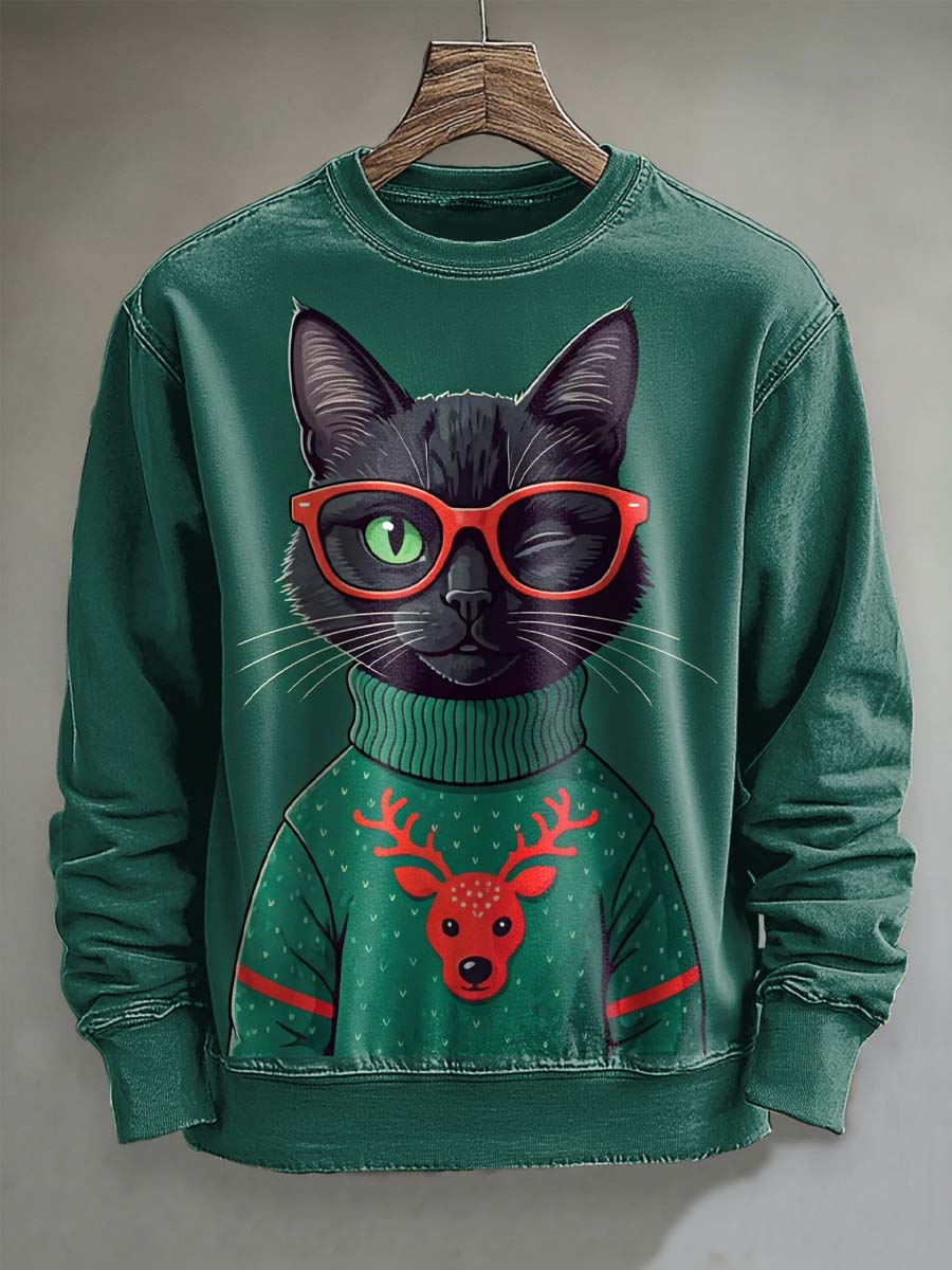Black Cat Print Casual Crewneck Sweatshirt with Red-Frame Glasses