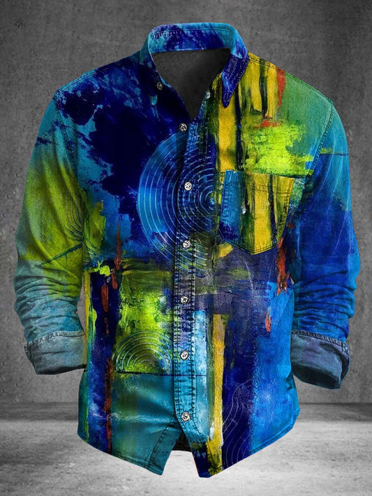 Blue-Green Abstract Print Casual Long-Sleeve Shirt