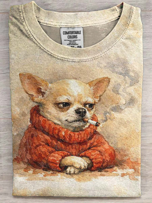 Smoking Chihuahua Print Casual Short-Sleeve T-Shirt