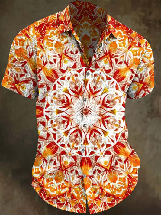 Orange-Red Floral Print Casual Short-Sleeve Shirt