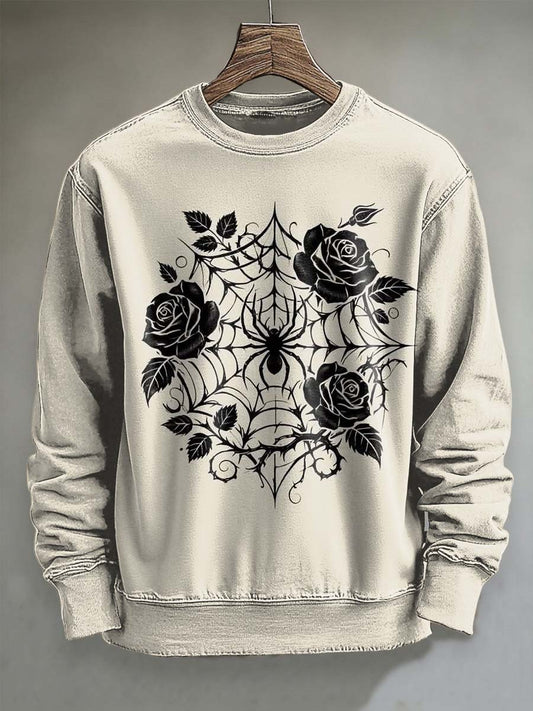 Spiderweb Rose Print Casual Crewneck Sweatshirt