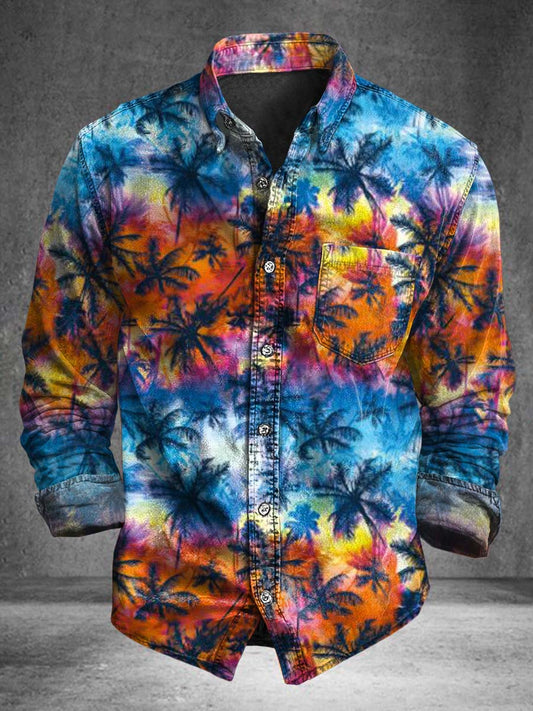 Batik-Printed Coconut Tree Casual Long-Sleeve Shirt