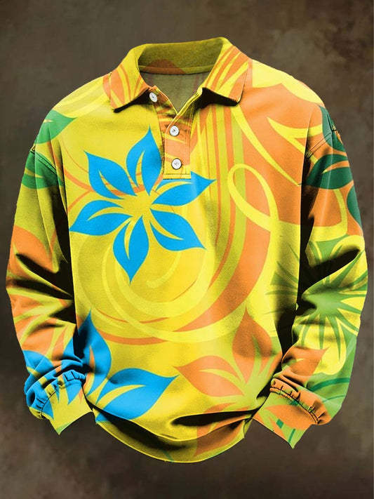 Tropical Floral Print Casual Long-Sleeve Polo Shirt
