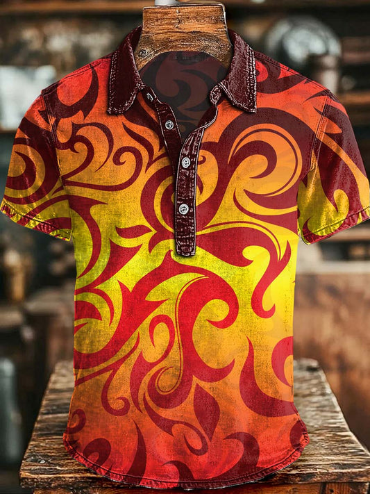 Flame Scroll Pattern Printed Casual Short-Sleeve Polo Shirt
