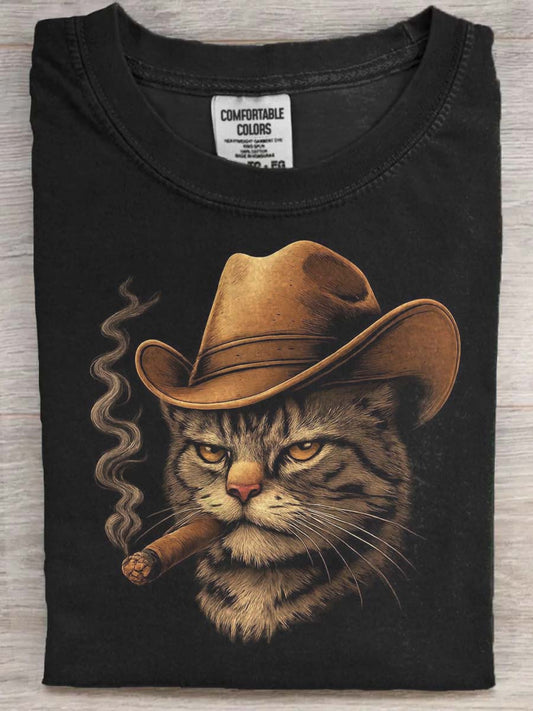 Denim Cat Print Casual Short-Sleeve T-Shirt