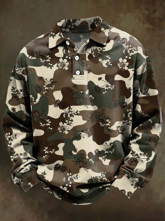 Camouflage Floral Print Casual Long-Sleeve Polo Shirt