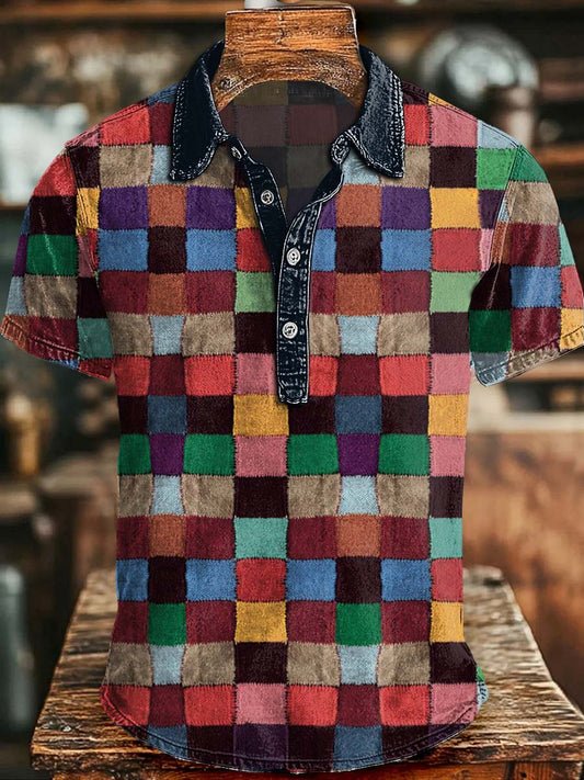 Retro Color Block Print Casual Short-Sleeve Polo Shirt