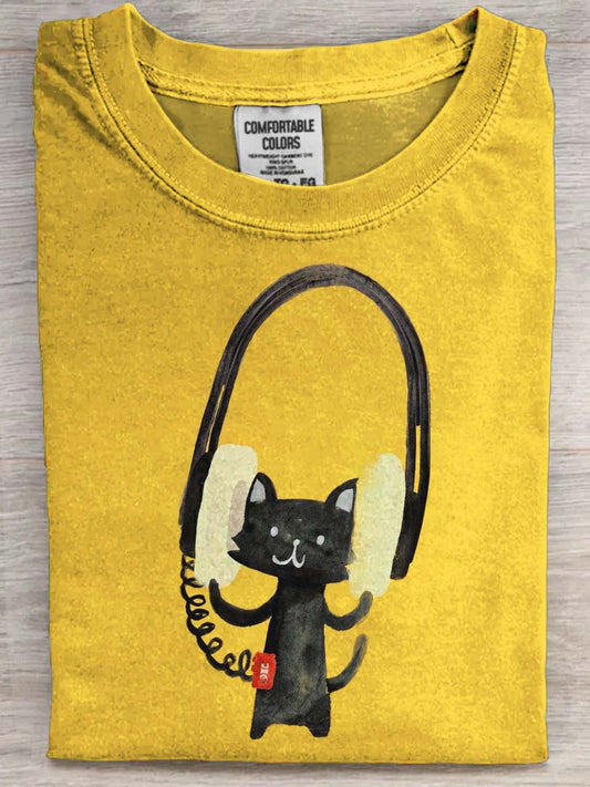 Headphone Cat Print Casual Short-Sleeve T-Shirt