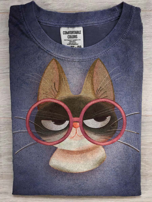 Sassy Cat with Glasses Print Casual Short-Sleeve T-Shirt