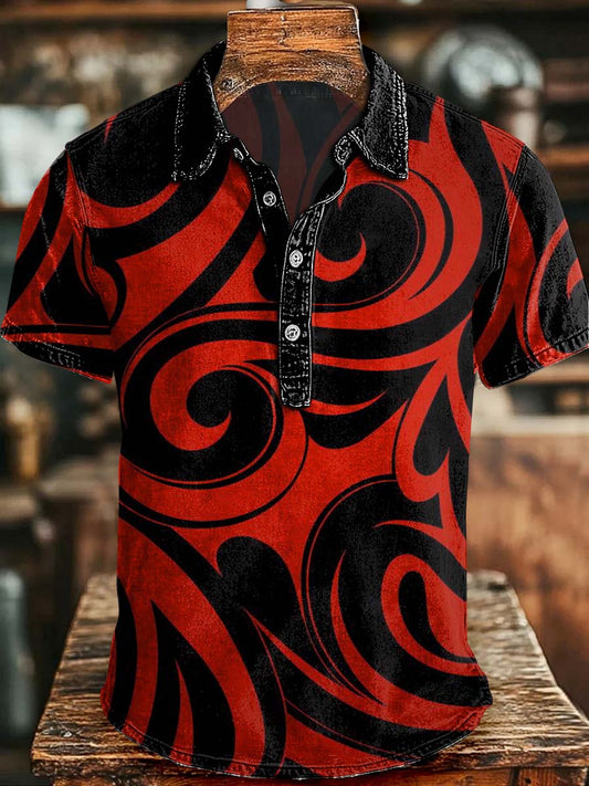 Red and Black Scroll Pattern Printed Casual Short-Sleeve Polo Shirt