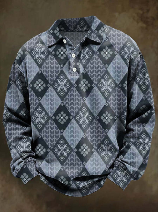 Retro Diamond-Patterned Print Casual Long-Sleeve Polo Shirt