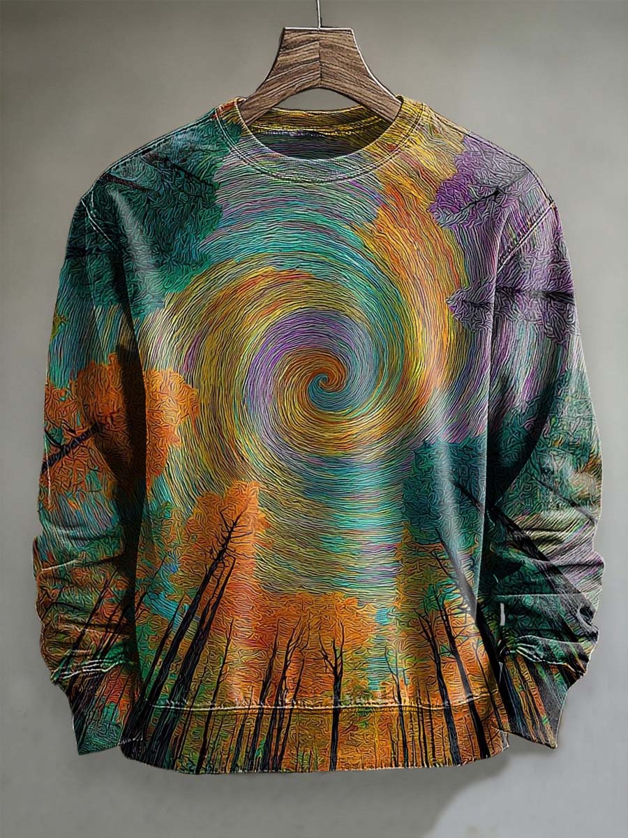 Abstract Van Gogh-inspired spiral print casual crewneck sweatshirt